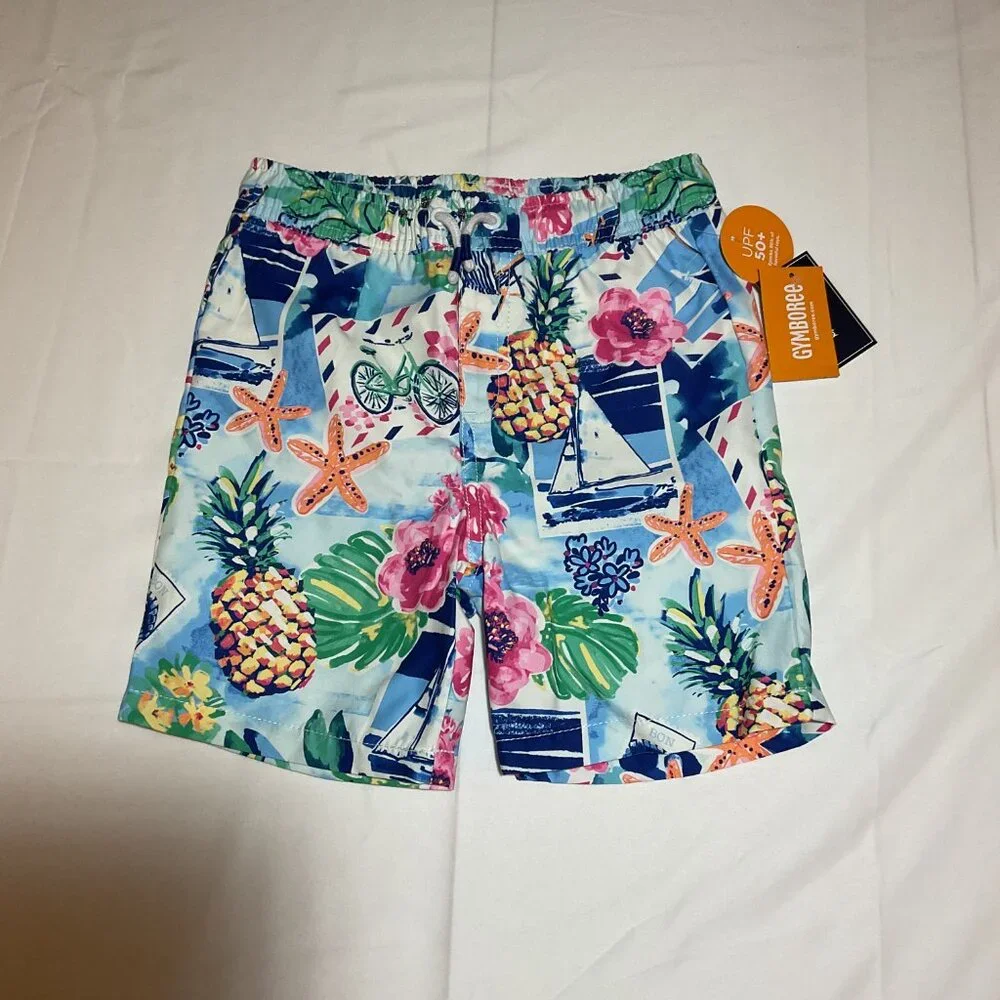 Gymboree Boys Size 7 Tropical Swim White Blue Trunks NWT Beach Splish-Splash